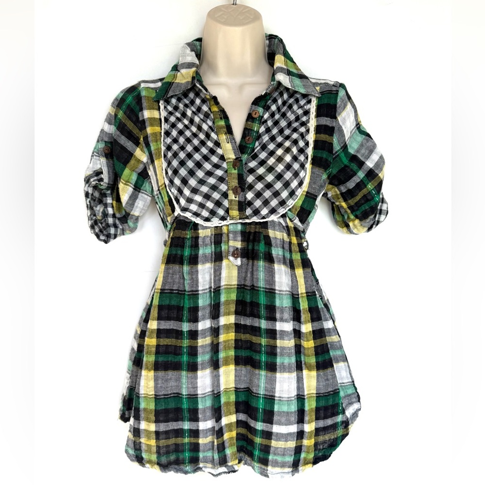 Y2K Forever 21 Plaid Babydoll Top Green Black Indie Grunge Puff Sleeve Medium